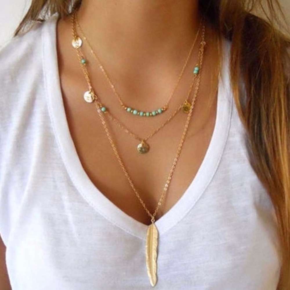 3 Layer Feather Necklace in Silver